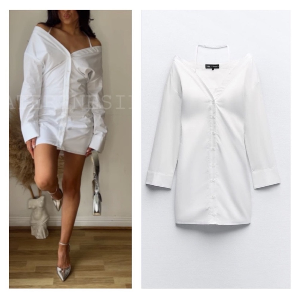 Zara NWT gabardine white off the shoulder button front trench coat shirt dress - Picture 15 of 15